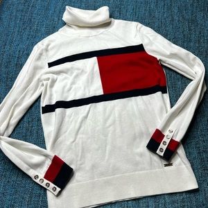 Tommy Hilfiger Big Logo Turtleneck Sweater in White Red Navy